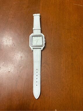 White Square Crystal Accent Smartwatch with Leather Strap
